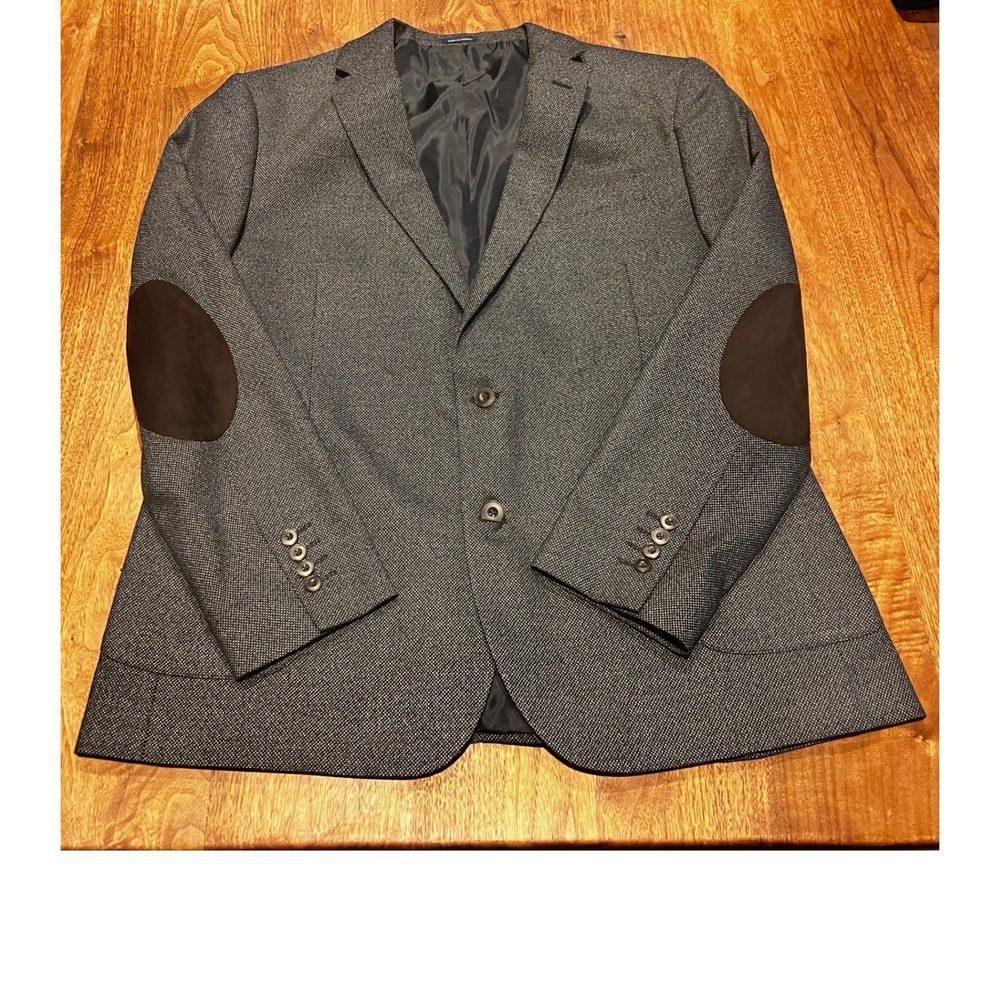 Stafford Mens 48R Grey Micro Pattern Blazer Sport Coat Brown Elbow Patches - Picture 1 of 12